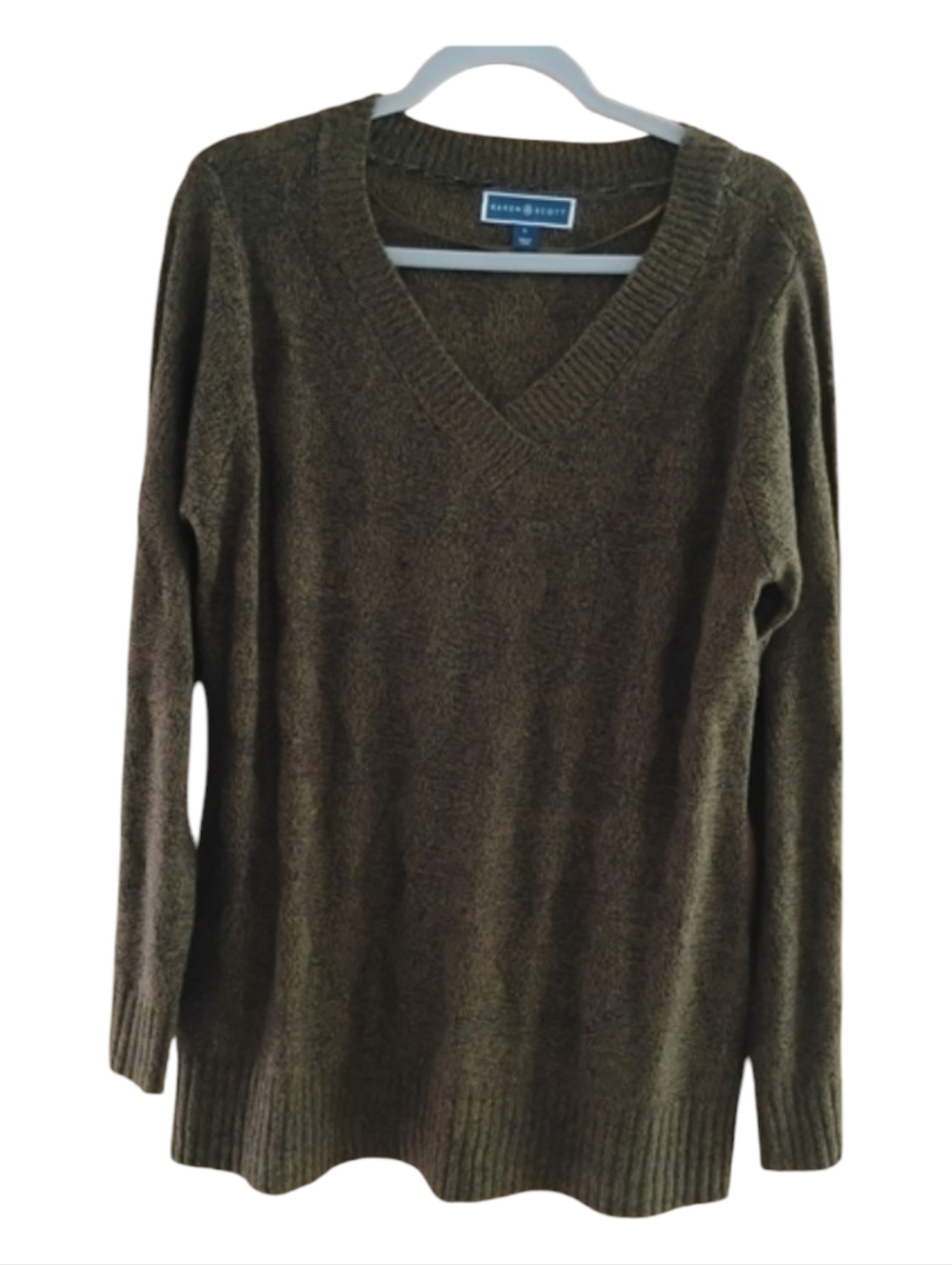 Karen Scott V-Neck Pullover Sweater Olive Green With Pattern Sz L